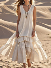 Spódnica maxi z bawełny i lnu w stylu vintage z dekoltem w serek