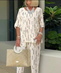 💥🔥[Top + Spodnie]2025, wiosna i lato, nowa moda, okrągły dekolt, rękaw pięć czwartych, luźny dwucz