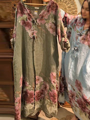 Sukienka z długim rękawem i dekoltem w serek, z bawełny i lnu w stylu retro