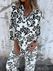 Koszula damska z nadrukiem zapinana na guziki i szerokie spodnie (zestaw 2 sztuk)