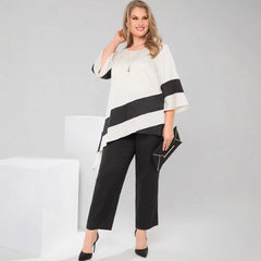 🤍Czarno-biały kontrastowy luźny top z okrągłym dekoltem i rozszerzanymi rękawami🖤