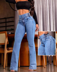 Curveease Ward Shirred Button Front High talia Dżinsy Chude Flear Dżinsy