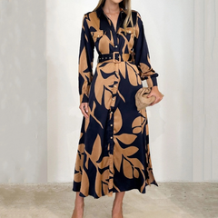 Sukienka damska z długim rękawem i paskiem z klapami