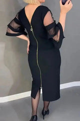 Szykowna sukienka midi z siateczki i rozszerzanymi rękawami