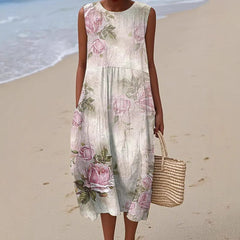 Sukienka damska bez rękawów z nadrukiem i okrągłym dekoltem, wykonana z bawełny i lnu