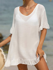 Wiązana, marszczona sukienka plażowa z pół rękawami