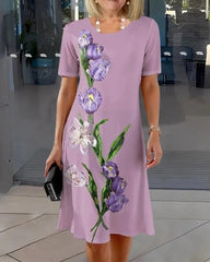 Sukienka swobodna z okrągłym dekoltem i nadrukiem kwiatowym