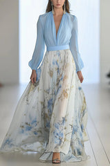 Elegancka sukienka maxi z kwiatowym nadrukiem, dekoltem w serek i długimi rękawami