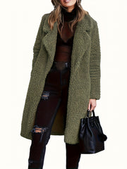 Średniej długości pluszowy płaszcz, swobodna, otwarta z przodu, solidna zimowa odzież wierzchnia, odzież damska