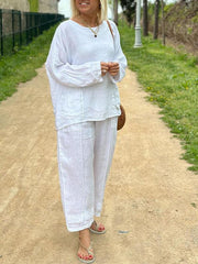 Dwuczęściowy garnitur z bawełny i lnu z okrągłym dekoltem