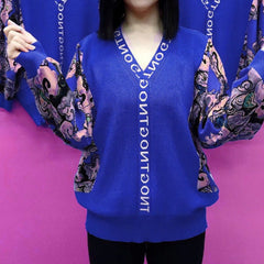 Modne na jesień i zimę 2024 luźne i zakrywające ciało topy z długim rękawem i dekoltem w kształcie litery V