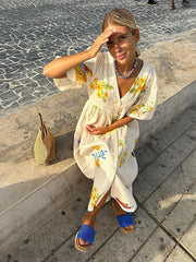 Sukienka midi z lnu z nadrukiem