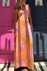 Letnie przygody, sukienka maxi z nadrukiem tie-dye, sznurowana, elastyczna, z tyłu