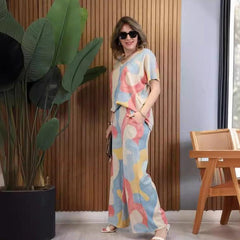 Zestaw Top & Spodnie w Kontrastowym Kolorze z Dekoltem w Serek