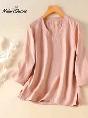 Koszula damska z dekoltem w serek z bawełny i lnu