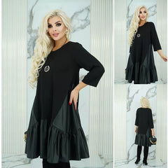 [S-5XL]💃 Elegancka retro丨Patchworkowe plisy丨Czarna sukienka o kroju litery A z rękawami trzy czwarte