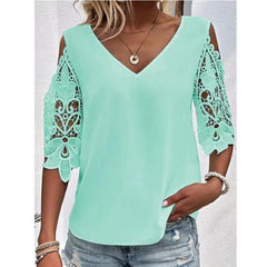 Słodki stały kolor koronki w szyku w szpic pięć czwartych koszulka damska