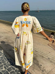 Sukienka midi z lnu z nadrukiem