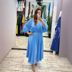 [S-5XL]2025 Nowa elegancka sukienka z dekoltem w serek i wysokim stanem, z długim rękawem i dopasowaną talią