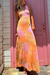 Letnie przygody, sukienka maxi z nadrukiem tie-dye, sznurowana, elastyczna, z tyłu