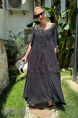 🌺2025 Nowa modna jednokolorowa sukienka w stylu etnicznym z koronką i dużą spódnicą