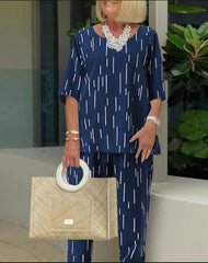 💥🔥[Top + Spodnie]2025, wiosna i lato, nowa moda, okrągły dekolt, rękaw pięć czwartych, luźny dwucz