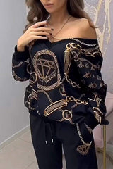 Damski top ze wzorzystymi kryształkami i dopasowane spodnie – dwuczęściowy zestaw