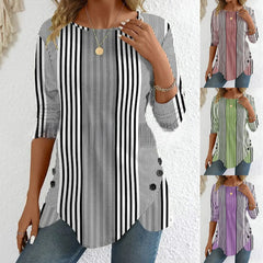 【XS-6XL】Damski top z okrągłym dekoltem i nadrukiem w paski z dekoltem w serek