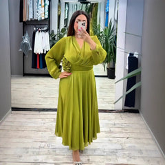 [S-5XL]2025 Nowa elegancka sukienka z dekoltem w serek i wysokim stanem, z długim rękawem i dopasowaną talią