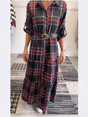 Sukienka swobodna z klapami w kratę, z rękawami średniej długości i talią