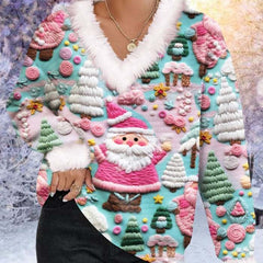 Świąteczny sweterek z dekoltem w kształcie litery V, luźny, jesienno-zimowy T-shirt