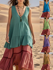 Sukienka bez rękawów z dekoltem w serek, patchworkowa, wielokolorowa