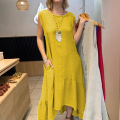 Sukienka z długim rękawem i okrągłym dekoltem, bawełniano-lniana, z kamizelką