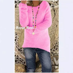 Damski, luźny sweter z długim rękawem, w jednolitym kolorze, na jesień i zimę