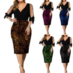 Cekinowa sukienka damska plus size z dekoltem w kształcie litery V