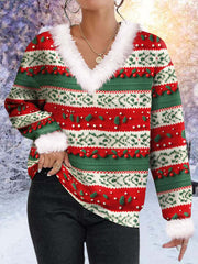 Świąteczny sweterek z dekoltem w kształcie litery V, luźny, jesienno-zimowy T-shirt