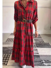 Sukienka swobodna z klapami w kratę, z rękawami średniej długości i talią