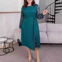 Stylowa, patchworkowa sukienka z okrągłym dekoltem, plus size