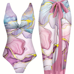 Elegancki dwuczęściowy kostium kąpielowy z marmurkowym nadrukiem