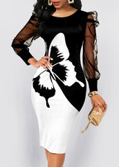 Wąska sukienka z długimi rękawami i siatkowym nadrukiem