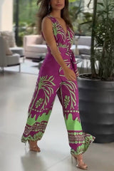 Niepowtarzalny, drukowany kombinezon bez rękawów z dekoltem w serek i wiązaniem w talii