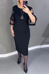 Szykowna sukienka midi z siateczki i rozszerzanymi rękawami