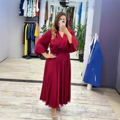 [S-5XL]2025 Nowa elegancka sukienka z dekoltem w serek i wysokim stanem, z długim rękawem i dopasowaną talią