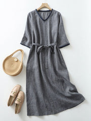 Sukienka damska literacka retro z dekoltem w serek w kratę i wiązaniem na połowie rękawa z bawełny i lnu