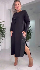 【S-5XL】Jesienna i zimowa sukienka o nowym designie ze skórzanym łączeniem