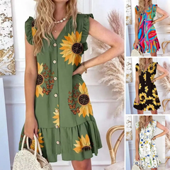 [S-2XL]💖Damska sukienka mini bez rękawów z dekoltem w serek i zapięciem na guziki