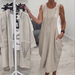 Prosta sukienka bez rękawów z kieszeniami