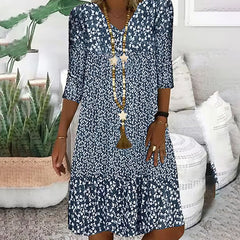 ☀Wiosenno-letnia drukowana sukienka z pięcioma czwartymi rękawami