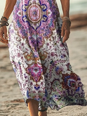 Kobiety z krótkim rękawem Summer Floral Printing Sukienka V Dailk Codziennie wychodzenie na wychodzenie swobodna sukienka T-shirt maxi sukienka H-line