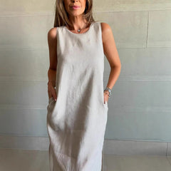 ✨Bawełniana lniana sukienka bez rękawów z rozcięciem w jednolitym kolorze